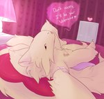 6_nipples 6_tails anthro bed bigender brown_body brown_fur dialogue female fur furniture genitals heart_pillow lamp looking_at_viewer lying lying_on_bed multi_nipple multi_tail nipples on_bed pillow pussy ribbons solo tail himerosthegod milk_and_honey_(himeros) hi_res