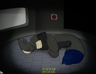 bodily_fluids female feral on-floor self_hug solo tears almy scav_prototype snow_(sws) canid canine experiment_(scav_prototype) gunsawian hybrid mammal absurd_res hi_res