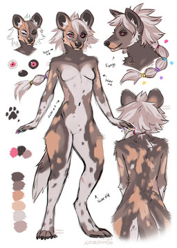 anthro black_nose black_sclera brown_body brown_fur eyes_closed fangs female front_view fur hair mouth_closed nude orange_body orange_fur pink_eyes rear_view short_hair simple_background solo standing teeth white_background white_body white_fur white_hair lostgoose african_wild_dog canid canine mammal 2023 dated model_sheet signature