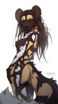 anthro bare_breasts breasts brown_body brown_eyes brown_fur brown_hair cheek_tuft dipstick_tail facial_tuft female fur hair long_hair markings neck_tuft nipples nude simple_background small_breasts solo spots standing tail tail_markings tuft white_spots wintemare venus_(wintemare) african_wild_dog canid canine mammal colored hi_res portrait shaded three-quarter_portrait