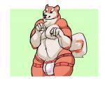 4_fingers anthro belly border bulge clothed clothing fingers fur jockstrap male musclegut muscular muscular_anthro muscular_male navel orange_body orange_fur outside_border overweight overweight_anthro overweight_male simple_background skimpy smile solo standing topless underwear white_body white_border white_fur dusty-pixels canid canine canis domestic_dog mammal shiba_inu spitz 2016 6:5 absurd_res hi_res