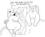 anthro bedding blanket body_pillow crossed_legs duo eyes_closed female looking_at_another male nervous pillow tail tail_motion tailwag twistcmyk ah_yes._me._my_girlfriend. twist_(twistcmyk) avian bird bovid bovine cattle mammal owl meme monochrome