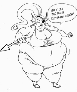 anthro belly belly_overhang big_belly big_breasts big_cheeks biped blush blush_lines bodily_fluids bottomwear breasts chubby_cheeks cleavage clothed clothing dialogue double_chin eye_patch eyewear female fin footwear hair head_fin holding_melee_weapon holding_object holding_polearm holding_spear holding_weapon huge_belly looking_down looking_down_at_self love_handles melee_weapon morbidly_obese morbidly_obese_anthro morbidly_obese_female navel obese obese_anthro obese_female open_mouth overweight overweight_anthro overweight_female pants polearm ponytail shirt shoes simple_background snaggle_teeth solo spear speech_bubble standing sweat sweatdrop talking_to_self tank_top text topwear weapon weight_conscious white_background worried keij undertale undertale_(series) undyne aquatic fish 2015 absurd_res black_and_white english_text full-length_portrait hi_res monochrome portrait sketch traditional_media_(artwork)