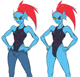 athletic athletic_gynomorph athletic_intersex blue_body blue_skin bottomwear clothing denim denim_bottomwear denim_clothing gills gynomorph intersex jeans one-piece_swimsuit pants sharp_teeth standing swimwear teeth yellow_sclera v.geneva undertale_(series) undyne aquatic fish humanoid