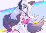 anthro bra breasts clothing female fur hair lingerie lingering red_sclera simple_background solo underwear white_hair rakimou helluva_boss mythology loona_(helluva_boss) canid canid_demon canine demon hellhound mammal mythological_canine mythological_creature digital_media_(artwork) hi_res