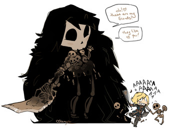 anterior_nasal_aperture bone female halberd melee_weapon not_furry polearm shield skeleton sword text weapon tamyra dark_souls fromsoftware gravelord_nito animated_skeleton human mammal undead english_text