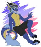 anthro barefoot biped blue_body blue_fur bottomwear clothed clothing eyewear feet fur glasses male shorts simple_background smile solo tail topless yellow_eyes citrinelle asian_mythology east_asian_mythology mythology dragon eastern_dragon furred_dragon furred_scalie mythological_creature mythological_scalie scalie 2017 digital_media_(artwork)