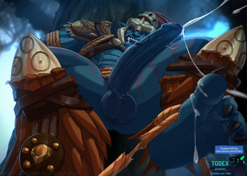 abs balls big_penis bodily_fluids bottomless clothed clothing cum cum_on_feet cumshot ejaculation erection feet foreskin genital_fluids genitals humanoid_genitalia humanoid_penis low-angle_view male muscular muscular_male penis solo todex dota valve huskar_the_sacred_warrior humanoid troll_(mythology) hi_res