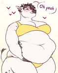 anthro belly big_belly blush bra breasts brown_hair clothing female hair holding_belly horn lifting_belly navel overweight overweight_anthro overweight_female panties solo text underwear yellow_bra yellow_clothing yellow_panties yellow_underwear aucherr bovid bovine cattle mammal english_text hi_res