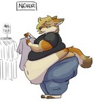 2022 ambiguous_gender anthro belly_peeking_out blonde_hair blue_eyes bottomwear canid canine canis clothed clothing clothing_store colored coyote disappointed english_text exposed_belly fur hair holding_clothing holding_object mammal mottled mottled_body mottled_fur nonbinary_(lore) obese obese_ambiguous obese_anthro overweight overweight_ambiguous overweight_anthro pants rain_(vanillayote) shirt shopping side_cut simple_background solo standing store t-shirt tan_body tan_fur text topwear vanillayote weight_gain white_background yellow_sclera