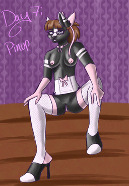 accessory anthro areola bangs black_body black_fur blue_eyes bow_ribbon breasts brown_hair clothing corset eyewear female fishnet_clothing fishnet_leggings fishnet_legwear footwear fur genitals glasses gloves hair hair_accessory hair_bow hair_ribbon handwear high_heels leggings legwear lingerie looking_at_viewer nipples pink_areola pink_nipples pink_vulva pose rectangular_glasses ribbons shoes sitting_on_stairs solo stairs topwear vulva white_body white_fur gooseking kinktober kinktober_2025 pixie_the_skunk mammal mephitid skunk 2025 digital_drawing_(artwork) digital_media_(artwork) hi_res pinup