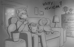 anthro award clothing eating feral fireworks food furniture holidays inside lamp male popcorn sitting sofa solo sweater text topwear trophy robin_dassen new_year twin_dragons_(webcomic) rex_(twin_dragons) canid canine canis domestic_dog mammal 2018 absurd_res english_text hi_res monochrome