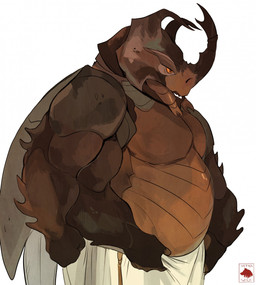 4_arms anthro barazoku belly bottomwear brown_body clothed clothing horn kilt male multi_arm multi_limb musclegut muscular muscular_anthro muscular_male orange_sclera overweight overweight_anthro overweight_male pecs simple_background solo teeth text topless white_background wings vetrowolf arthropod beetle insect artist_name hi_res watermark