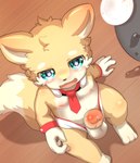 anthro arm_support balls belly blush bodily_fluids clothed clothing dipstick_tail erection feet fingers fur genital_fluids genitals high-angle_view humanoid_genitalia humanoid_penis light_body light_fur male markings nipples partially_clothed penis pink_tongue precum precum_on_penis shadow tail tail_markings toes tongue white_clothing yellow_body yellow_fur yellow_tail young young_anthro young_male popkage kemopop! canid canine mammal hi_res