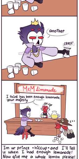 4_eyes 8_panel_comic anthro bartender beak beverage black_body black_feathers bodily_fluids boots border bow_tie clothed clothing container cowboy_hat cowboy_outfit crown cup dialogue disposable_cup drinking eating eating_fruit empty_eyes eyewear feathers food footwear freckled_face freckles fruit furniture glasses hair hat headgear headwear horn lemon lemonade lemonade_stand male misspelling motion_lines multi_eye overalls pitcher plant puckered_lips purple_clothing purple_shirt purple_topwear ranting red_eyes shaking shirt shoes simple_background sitting sleeping sound_effects stool striped_horn stripes sweat sweatdrop tail tail_feathers tears text topwear vowelless vowelless_sound_effect wearing_glasses white_background white_border white_face white_hair yellow_sclera young zzz norithelord comedy_central drawn_together hellaverse helluva_boss moxxie_(helluva_boss) stolas_(helluva_boss) striker_(helluva_boss) avian avian_demon bird imp owl owl_demon 2022 absurd_res comic english_description english_text hi_res long_image tall_image