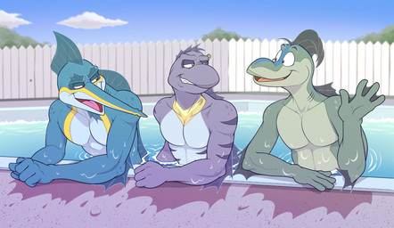alternate_species anthro arm_frill blue_body chin_frill clothed clothing detailed_background dorsal_fin eye_contact eyebrow_piercing eyebrow_ring facial_piercing fence fin gills green_body grin group head_fin in_pool looking_at_another male markings membrane_(anatomy) open_mouth open_smile outside partially_submerged piercing pink_tongue pointy_nose purple_body red_tongue ring_piercing smile swimming_pool tongue topless topless_anthro topless_male trio water webbed_hands wet wet_body yellow_markings anti_dev crew_(anti_dev) giancarlo_(traceurfoxer) gus_skwarek aquatic billfish fish istiophoriform marlin 2026 colored digital_drawing_(artwork) digital_media_(artwork) hi_res