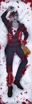 alcohol anthro beverage black_body black_fur blood blood_on_arm blood_on_chest blood_on_clothing blood_on_face blood_on_hand blood_on_leg blood_on_shirt blood_on_shoe blood_splatter blood_stain blue_eyes bodily_fluids bullet_wound chest_tuft clothing dakimakura dakimakura_design drunk excessive_blood exposed_bone exposed_ribcage fur gore grey_body grey_fur liquor liquor_bottle looking_at_viewer lying male nosebleed on_back solo stab_wound substance_intoxication torn_clothing tuft wounded toynako strays_in_paradise dark_matter_(li'l_melon) canid canine mammal unknown_species absurd_res hi_res