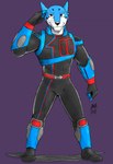 anthro black_body black_fur black_nose blue_body blue_fur bulge clothed clothing fur gesture male red_eyes salute simple_background smile solo standing uniform white_body white_fur topgearae86turbo power_rangers super_sentai tokusou_sentai_dekaranger doggie_kruger canid canine canis mammal digital_media_(artwork) hi_res