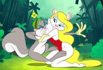 4_fingers affectionate anthro barefoot biped blonde_hair clothing disgruntled duo eyelashes eyeshadow feet female fingers forest forest_background fur gloves grey_body grey_fur hair handwear hug makeup nature nature_background outside plant struggling tail toes tree white_body white_fur yellow_tail dave_alvarez animaniacs warner_brothers minerva_mink slappy_squirrel mammal mink mustelid musteline rodent sciurid tree_squirrel true_musteline digital_drawing_(artwork) digital_media_(artwork) hi_res