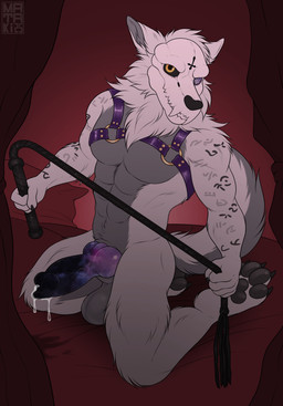animal_genitalia animal_penis anthro athletic athletic_anthro athletic_male balls bdsm bed big_balls big_penis bodily_fluids bone cosmic_penis cross dripping fur furniture galaxy genital_fluids genitals harness heterochromia inverted_cross knot leaking_precum male male_anthro nude nude_anthro nude_male penis precum precum_drip runes solo whip white_body white_fur yellow_eyes mataki23 asylumcursed skulldog_(species) hi_res
