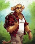 5_fingers anthro brown_body brown_fur fingers fur green_eyes horn male open_mouth simple_background slightly_chubby slightly_chubby_anthro slightly_chubby_male smile solo tan_body tan_fur teeth noviraine jonathan_(tasanko) bovid bovine mammal