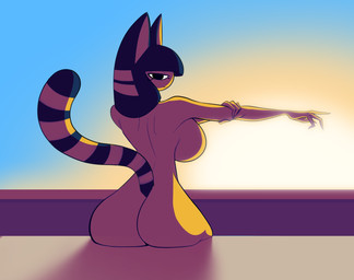 animal_ears anthro back_boob bathing big_ears breasts cat_tail egyptian female fur looking_at_viewer looking_back markings nude nude_female poolside pose rear_view simple_face sitting solo striped_markings striped_tail stripes sunset tail tail_markings yellow_body yellow_fur sillyseacreatur animal_crossing nintendo ankha_(animal_crossing) animal_humanoid cat_humanoid domestic_cat felid felid_humanoid feline feline_humanoid felis humanoid mammal mammal_humanoid hi_res pinup shaded