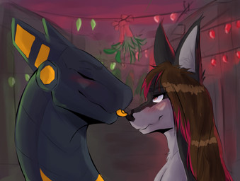 anthro black_body blush brown_eyes brown_hair christmas_decorations christmas_lights duo face_lick female fur glowing glowing_markings grey_body grey_fur hair holidays licking licking_another machine male markings metallic_body mistletoe orange_tongue plant tongue white_body white_fur taiyofox christmas rose_(jynxrose) vahlok_(synth) android felid feline lynx mammal robot robot_anthro synth_(vader-san) hi_res