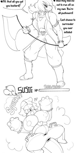 axe belt boots bottomwear bracelet breasts choker clothing defeated dialogue exclamation_point female footwear gameplay_mechanics gui hair handles_on_hips health_bar heart_symbol inflatable jacket jewelry long_hair necklace pants question_mark sex_toy sharp_teeth shoes speech_bubble spiked_bracelet spiked_choker spikes teeth text topwear transformation weapon faetomi deltarune undertale_(series) susie_(deltarune) scalie absurd_res english_text hi_res monochrome