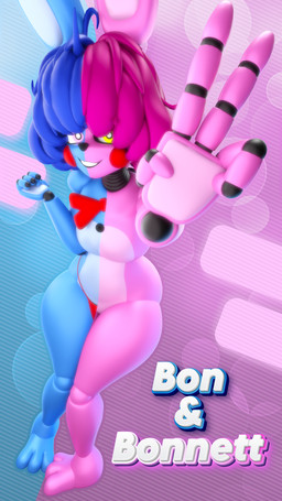 4_fingers abstract_background anthro blue_body blue_hair bow_tie clothing duo dutch_angle female fingers flat_chested gesture glowing glowing_eyes grin grinning_at_viewer hair hand_gesture high-angle_view looking_at_viewer machine male panties pink_body pink_eyes pink_hair red_clothing red_panties red_thong red_underwear short_hair smile smiling_at_viewer text thick_thighs thong underwear v_sign wide_hips yellow_eyes jordevoir_(artist) mishuyuu_(modeler) five_nights_at_freddy's scottgames sister_location bonnet_(fnafsl) puppet_bonnie_(fnafsl) animatronic lagomorph leporid mammal rabbit robot robot_anthro 3d_(artwork) absurd_res character_name digital_media_(artwork) english_text full-length_portrait hi_res portrait