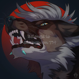 ambiguous_anthro ambiguous_gender anthro black_nose blue_eyes brown_body brown_fur chin_piercing ears_back fangs fur hair logo open_mouth pivoted_ears pupils short_hair simple_background slit_pupils solo teeth white_body white_fur white_hair yellow_sclera justkiddinb canid canine mammal 1:1 artist_logo distracting_watermark headshot_portrait hi_res portrait watermark