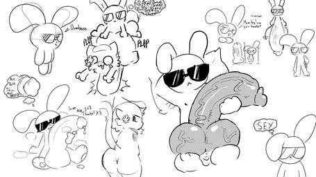 anthro balls big_balls big_butt bodily_fluids butt confident duo eyewear femboy genital_fluids genitals glasses huge_balls huge_butt hyper male male/male paws pillow precum scrotum_flap semi-anthro sitting small_but_hung tail tears text thought_bubble f_d_e_i_a domestic_cat felid feline felis lagomorph leporid mammal rabbit 16:9 black_and_white english_text guide_lines hi_res monochrome sketch widescreen