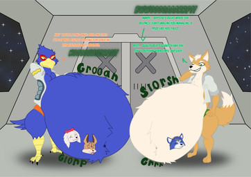 abdominal_bulge anthro anthro_pred anthro_prey arm_tuft avian_pred barefoot beak belly belly_overhang belly_tuft big_belly blue_body blue_feathers blue_fur brown_body brown_fur burping burping_while_talking cheek_tuft chest_tuft clothed clothed_male clothed_pred clothing cocky cocky_grin cocky_smile detailed_background dialogue digestion digestion_noises dominant dominant_anthro dominant_male duo elbow_tuft facial_tuft feathers feet female female_prey flight_jacket fox_pred fox_prey fur glorp gluttony great_fox green_clothing green_eyes green_thong green_underwear groan groaning_belly group hand_behind_back hand_behind_head hand_on_belly hand_on_hip hand_on_own_belly hand_on_own_hip head_tuft huge_belly interspecies jacket male male/female male_pred moan multicolored_clothing multicolored_jacket multicolored_topwear multiple_pred multiple_prey navel navel_tuft obese obese_anthro obese_male onomatopoeia oral_vore orange_clothing orange_thong orange_underwear overweight overweight_anthro overweight_male partially_clothed plantigrade red_bow rumbling_stomach same_size_vore satisfaction satisfied satisfied_look shirtless shirtless_anthro shirtless_male slorsh slosh sloshing sloshing_belly smug smug_expression smug_eyes smug_face smug_grin soft_vore sound_effects spacecraft spaceship_background spaceship_interior speech_bubble tail tail_feathers tail_tuft talking_to_another talking_to_pred talons tattooification taunting teasing text thong three-quarter_view toes tongue topwear tuft underbelly underwear vehicle vore vore_tattoo white_body white_fur willing_pred willing_prey yellow_beak yellow_talons mandro22 wollygoffy nintendo star_fox falco_lombardi fay_(star_fox) fox_mccloud krystal_(star_fox) miyu_(star_fox) avian bird bird_dog canid canine canis cocker_spaniel domestic_dog falcon falconid felid feline fox hunting_dog lynx mammal poodle spaniel absurd_res artist_collaboration english_text hi_res portrait three-quarter_portrait