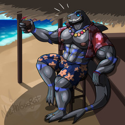 3_toes abs aloha_shirt anthro bald bar beard beverage big_muscles big_pecs bracelet clothed clothing digit_ring dorsal_fin eyewear facial_hair facial_piercing feet fin flower_necklace goggles holding_beverage holding_object huge_pecs jewelry looking_at_viewer male muscular muscular_arms muscular_legs muscular_male nipple_piercing nipples nose_piercing nose_ring open_clothing open_shirt open_topwear pattern_clothing pattern_shirt pattern_topwear pecs piercing ring ring_piercing septum_piercing septum_ring shirt smile solo swimming_trunks swimwear tail tail_fin toe_ring toes topwear nethgoorat neth_rusiki_azhti aquatic fish shark 1:1 hi_res