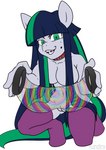 absurd_res anthro bangs blue_hair braces breasts clothing collar crouching earth_pony english_text equid equine fan_character female genitals green_eyes green_hair hair hasbro hi_res horse hypnotic_visor kandlin legwear looking_at_viewer mammal markings mole_(marking) my_little_pony pony pussy silvercomb_(oc) smile solo stockings straight_hair text text_on_eyewear