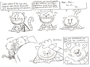 anthro bed bedding blanket blush duo evil_laugh eyes_closed furniture heart_symbol male open_mouth pillow purring sleeping text cubert dog_man_(series) big_jim_(dog_man) grampa_(dog_man) domestic_cat felid feline felis mammal 2025 english_text hi_res