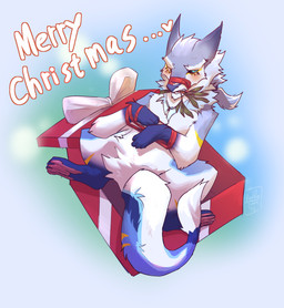 anthro bdsm blush bondage bound box container facial_markings fur gift_box gradient_fur head_markings heterochromia looking_at_viewer male markings pawpads ribbon_bondage ribbon_muzzle ribbons shy snout snout_markings solo spread_legs spreading tail white_body white_fur baddog0214 sergal absurd_res hi_res