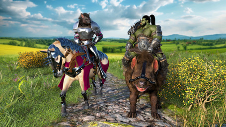 amazing_background animal_ears anthro armor armored_boots black_hair blue_sky breasts bridle chain clothing cloud cloudy_sky dark_body dark_skin day detailed_background facial_hair feral field flower fur gauntlets gloves grass green_body green_skin hair handwear harness horseback_riding jewelry male mount muscular outside pauldron plant pointy_ears ponytail reins riding saddle scenery short_hair shoulder_armor sky smile standing tusks weapon chadotexas mythology canid canine canis equid equine horse mammal mythological_canine mythological_creature orc warg werecanid werecanine werecreature werewolf wolf 16:9 3d_(artwork) absurd_res detailed digital_media_(artwork) hi_res widescreen