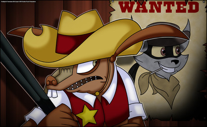 anthro brown_body brown_eyes brown_skin buckteeth clothing cowboy cowboy_hat duo fur grey_body grey_eyes grey_fur grin gun hat headgear headwear holding_gun holding_object holding_ranged_weapon holding_weapon kerchief long_ears looking_back male mask open_mouth open_smile paper ranged_weapon scales sheriff sheriff_badge shirt smile tan_body tan_scales teeth topwear vest wanted_poster weapon western yellow_sclera verona7881 sly_cooper_(series) sony_corporation sony_interactive_entertainment sucker_punch_productions tennessee_kid_cooper toothpick_(sly_cooper) armadillo mammal procyonid raccoon xenarthran 2013