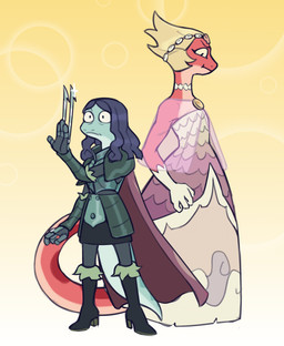 4_fingers accessory alternate_costume anthro armor blonde_hair blue_body blue_hair blue_skin boots cape claws clothing dress duo female fingers footwear hair hair_accessory high_heeled_boots high_heels long_tail medium_hair pink_body pink_skin shoes short_hair tail dashintrash amphibia_(series) disney general_yunan lady_olivia amphibian newt salamander hi_res