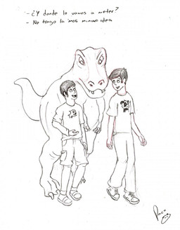 ambiguous_feral ambiguous_gender bottomwear clothed clothing fangs feral group hair male male_human mouth_closed open_mouth open_smile pants shirt short_hair shorts simple_background smile t-shirt teeth text topwear trio white_background young young_human young_male pandapaco dinosaur human mammal prehistoric_species reptile saurischian scalie theropod hi_res monochrome signature sketch translation_request