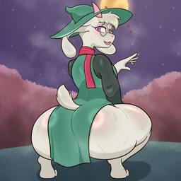 5_fingers anthro arched_back big_butt blush blush_lines bodily_fluids body_blush bottom_heavy butt butt_blush butt_focus butt_pose clothed clothed_anthro clothed_male clothing crouching curvy_figure dress eyebrow_through_hair eyebrows eyewear femboy fingers glasses glistening glistening_body glistening_butt grass green_clothing hair happy hat headgear headwear heart_eyes heart_symbol hearts_around_head horn huge_butt looking_at_viewer looking_back looking_back_at_viewer male male_anthro moon multicolored_clothing musk musky_butt night open_mouth outside pink_nose plant pose purple_eyes rear_view scarf shadow short_tail shrub sky smile solo star starry_sky sweat sweaty_butt tail thick_thighs translucent translucent_hair two_tone_clothing white_body white_hair wide_hips johnmarten deltarune undertale_(series) ralsei bovid caprine goat mammal 1:1 2025 absurd_res cel_shading digital_media_(artwork) full-length_portrait hi_res portrait shaded