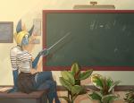 5_fingers anthro blonde_hair blue_body blue_skin chalkboard class clothed clothing female fingers hair hairs information_board melee_weapon plant school solo sword teacher text weapon mervvin uri_bennet_(ryltar) fish marine shark 2020