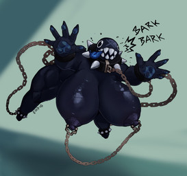areola big_breasts black_body bound breasts chain chained collar female hanging_breasts huge_breasts linked_nipples linked_piercing nipple_chain nipple_piercing nipples pawpads paws piercing running sharp_teeth solo spiked_collar spikes teeth tongue tongue_out sindio mario_bros nintendo gigi_(thecoatl034) chain_chomp humanoid absurd_res hi_res