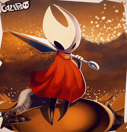 2_horns ambiguous_gender biped black_body black_eyes cloak clothed clothing empty_eyes fingers holding_melee_weapon holding_object holding_weapon horn melee_weapon red_cloak red_clothing solo standing text weapon calypsoboymurz hollow_knight_(franchise) team_cherry hornet_(hollow_knight) arthropod 2025 absurd_res english_text hi_res
