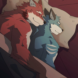 anthro anthro_on_anthro bedding black_ears blanket blue_body blue_fur duo fur male male/male multicolored_body multicolored_fur pillow red_body red_fur sleeping student teacher teacher_and_student two_tone_body two_tone_fur white_body white_fur hyaku_inu knights_college argo_northrop diederich_olsen canid canine canis mammal wolf 1:1 2025 hi_res