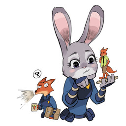 anthro blush buckteeth carrot clothing duo envelope female figurine food inner_ear_fluff long_ears male plant police police_uniform purple_eyes question_mark simple_background size_difference spit-take teeth tuft uniform vegetable rukidorifuto disney zootopia judy_hopps nick_wilde canid canine fox lagomorph leporid mammal rabbit red_fox true_fox 1:1 2016 digital_media_(artwork)