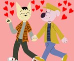 anthro clothed clothing duo fur hand_holding happy heart_symbol love male male/male purple_body purple_fur purple_skin simple_background simple_coloring smile tan_body tan_claws tan_ears tan_fur walking radiosonic94 a_kitty_bobo_show kitty_bobo paul_dog animal_humanoid canid canid_humanoid canine canine_humanoid canis dog_humanoid domestic_cat domestic_dog felid feline felis humanoid mammal mammal_humanoid