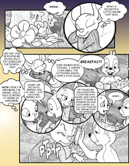 4_fingers annoyed anthro apology bottomless bottomless_anthro bottomless_female breakfast breasts buckteeth clothed clothing dialogue disbelief eyelashes female fingers flower grass leaf pie_in_face plant sarcasm splash splat sweater teeth text thought topwear turtleneck chris_fischer chip_'n_dale_rescue_rangers disney chip_(disney) gadget_hackwrench chipmunk ground_squirrel mammal mouse murid murine rodent sciurid english_text hi_res