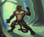 abs anthro armor athletic belt biceps big_muscles biped black_claws black_nipples black_nose brown_body brown_eyes brown_fur brown_hair bulge claws clothed clothing detailed_background digitigrade fangs flexing forest fur grey_body grey_fur hair holding_object holding_weapon male markings muscular muscular_anthro muscular_male nature nipples outside pecs plant pose red_body red_fur solo standing stripes tan_body tan_fur teeth toe_claws topless tree underwear weapon rrowdybeast felid mammal pantherine tiger 2013 6:5