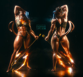 abs axe back_groove battle_axe big_breasts black_hair bra breasts butt clothing feet female glistening glistening_body glistening_breasts glistening_skin hair horn humanoid_pointy_ears navel not_furry panties pointy_ears red_body red_skin solo towel underwear creamtau baldur's_gate baldur's_gate_3 larian_studios karlach humanoid tiefling 2026 3d_(artwork) digital_media_(artwork) hi_res
